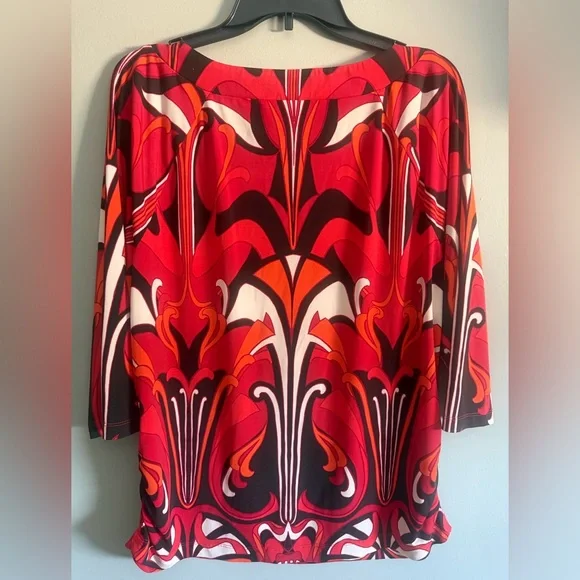 Chico's retro Red/Orange Patterned 3/4 sleeve Blouse ruched waist size 3 (XL) - Picture 6 of 8